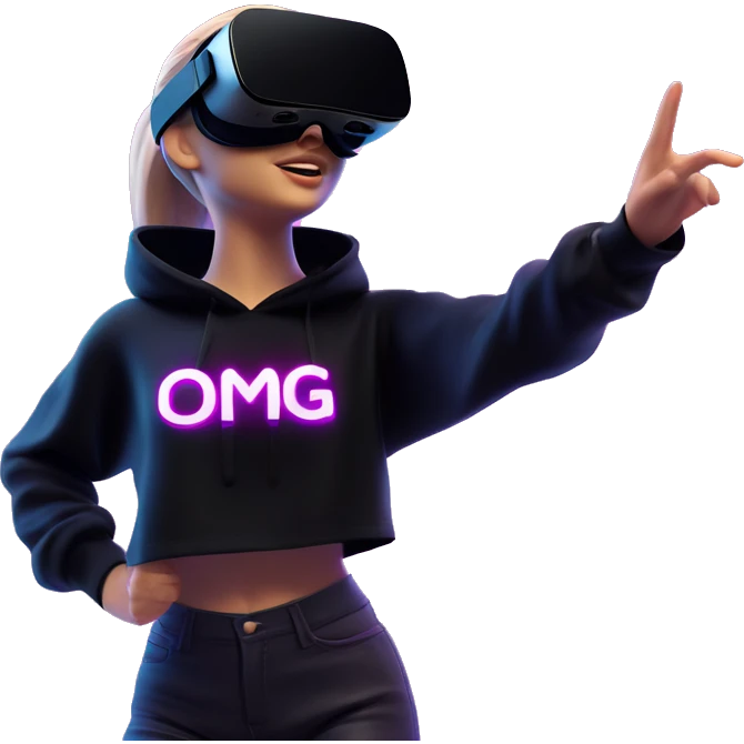 Russian girl wearing black hoody with violet letters "OMG", in vr headset oculus quest2. Dancing. Cyberpunk style. Violet neon. emoji