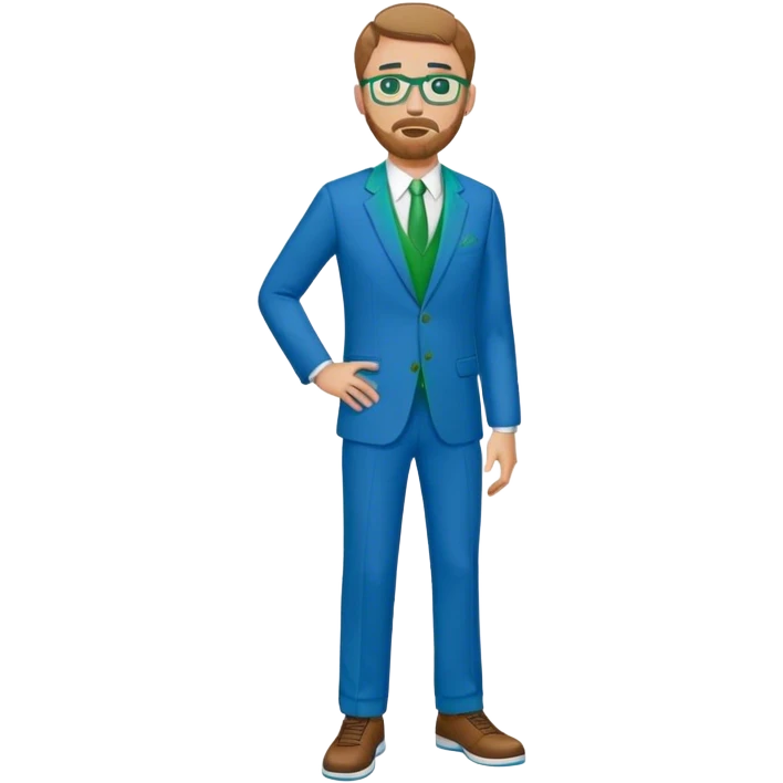 full body White male basketball coach light brown/ blond hair, short beard, green/blue eyes wearing glasses and blue and green suit emoji