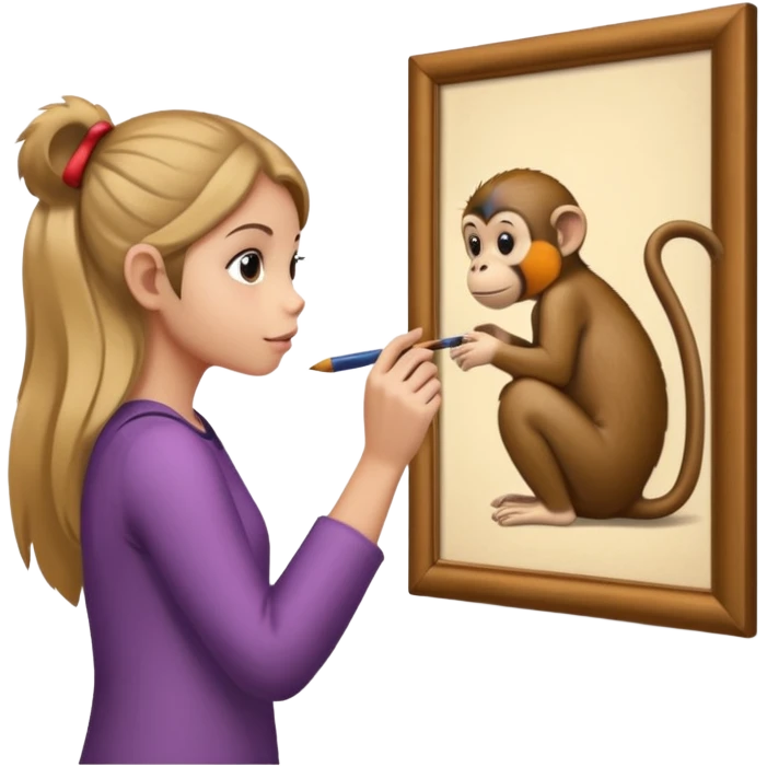  girl look a monkey is painting picture of monkey on the wall emoji