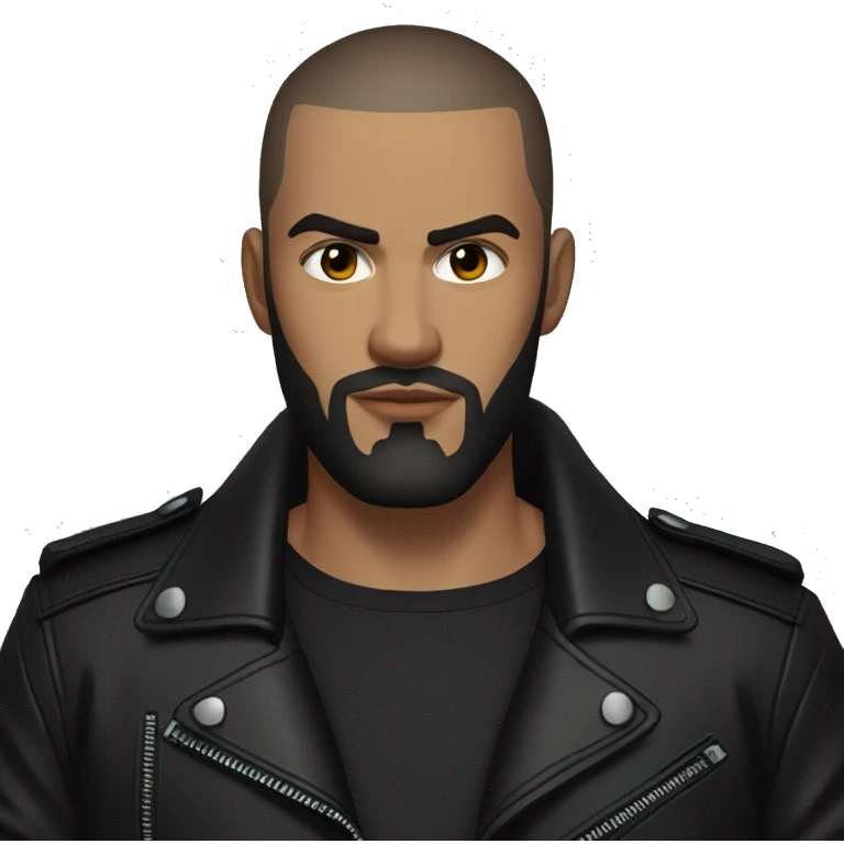 young man with very short dark brown hair and beard,buzzcut,  cool outfit, black leather jacket and black shirt underneath, evil look, angry look emoji