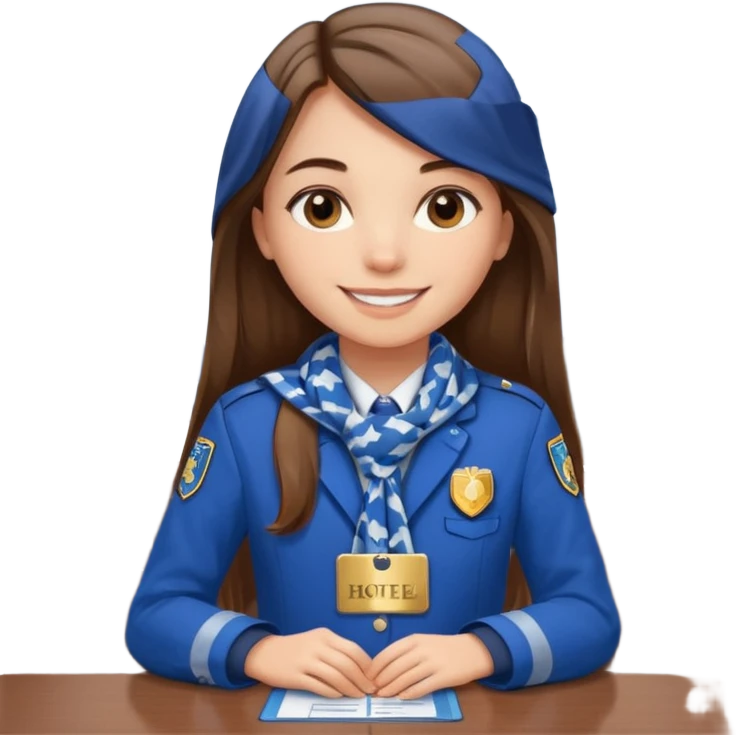 Young girl, long straight hair, wearing uniform jacket with hotel name badge, tasteful scarf, stand behind the desk

 emoji