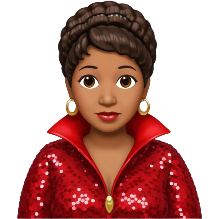 Aretha Franklin with dark brown hair, red sequin outfit emoji