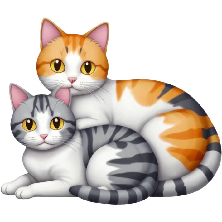 full body colourful light patched calico + white tabby cat cuddling a big grey and white tabby cat  emoji