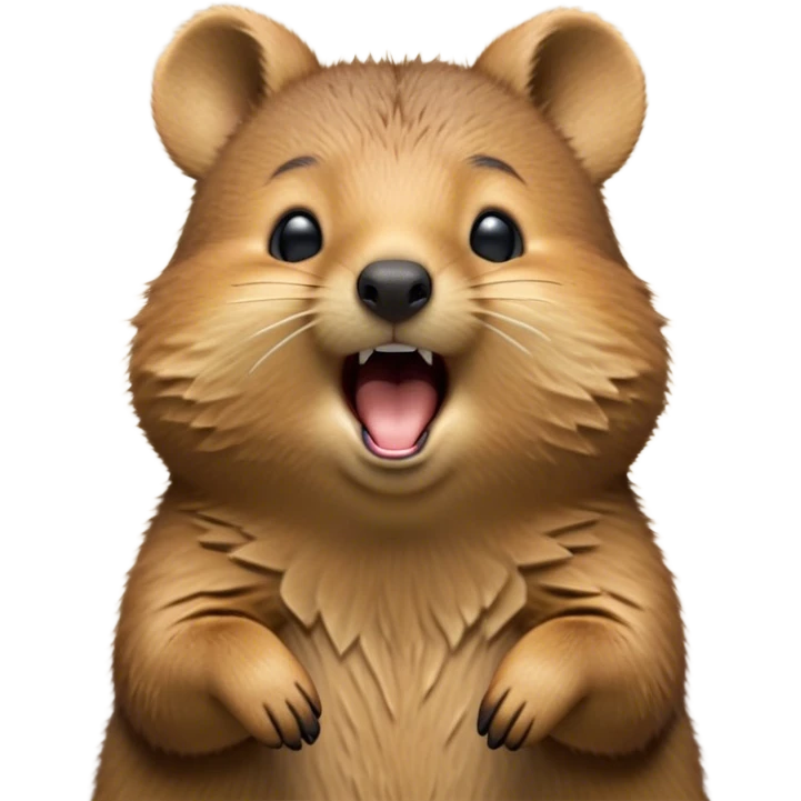 Cinematic Cute Yawning Quokka Portrait Emoji, Head tilted slightly with a dramatic, wide-open yawn, showcasing a soft, downy brown fur with a slightly droopy expression and eyes barely open in drowsy contentment, Simplified yet irresistibly adorable features, highly detailed, glowing with a soft, cozy glow, high shine, relaxed yet expressive, stylized with a touch of playful charm, bright and endearing, soft glowing outline, capturing the essence of a sleepy yet affectionate quokka, so drowsy it feels like it could stretch out of the screen and curl up for a nap! emoji