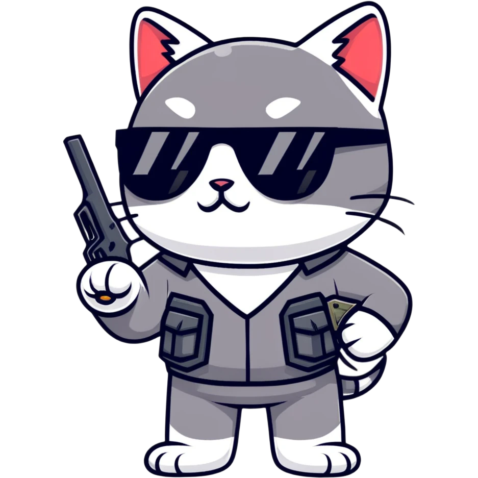 black cat with sunglasses and a gun emoji