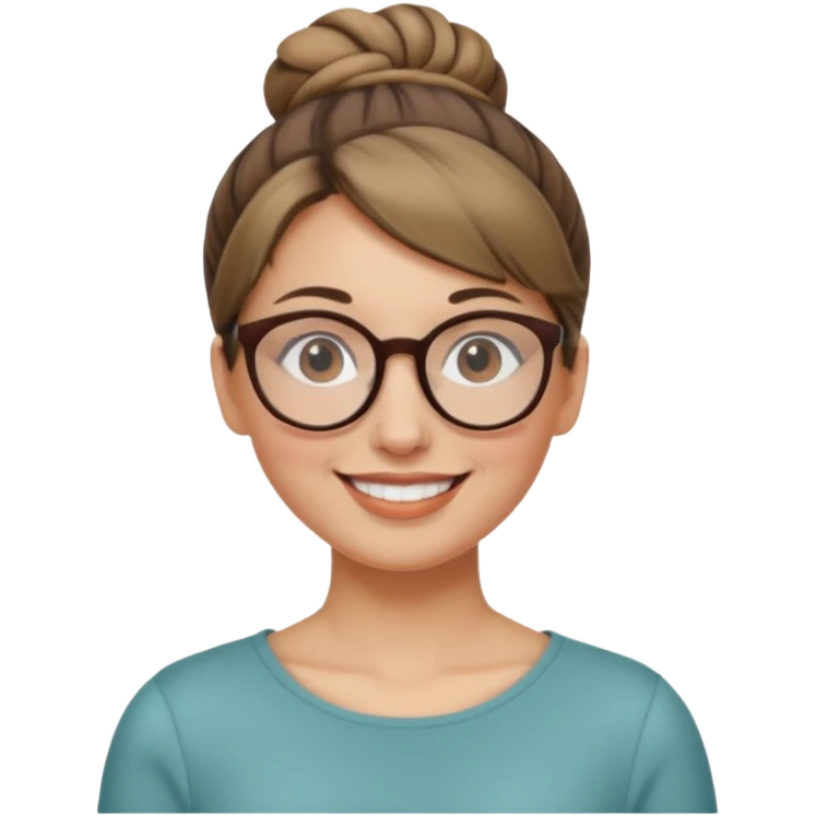 femme de 38 ans avec des cheveux blond foncé, un chignon haut, yeux bruns, lunettes rondes emoji