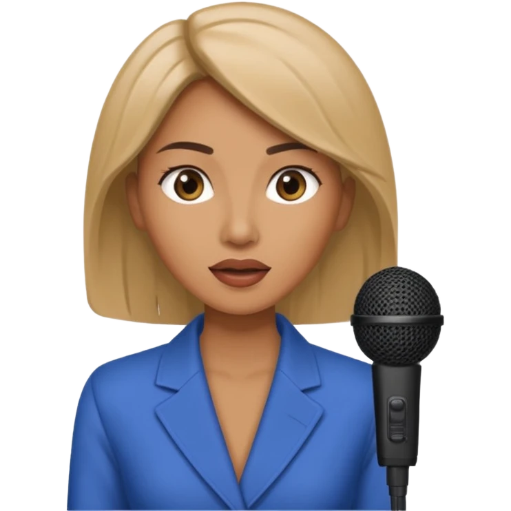 A woman speaks into a microphone, and there is a prompter screen in front of him. emoji