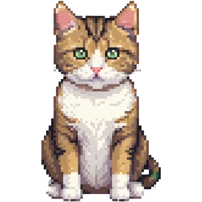 Cute tabby cat with white stomach, pixelated style, sitting to show white belly emoji