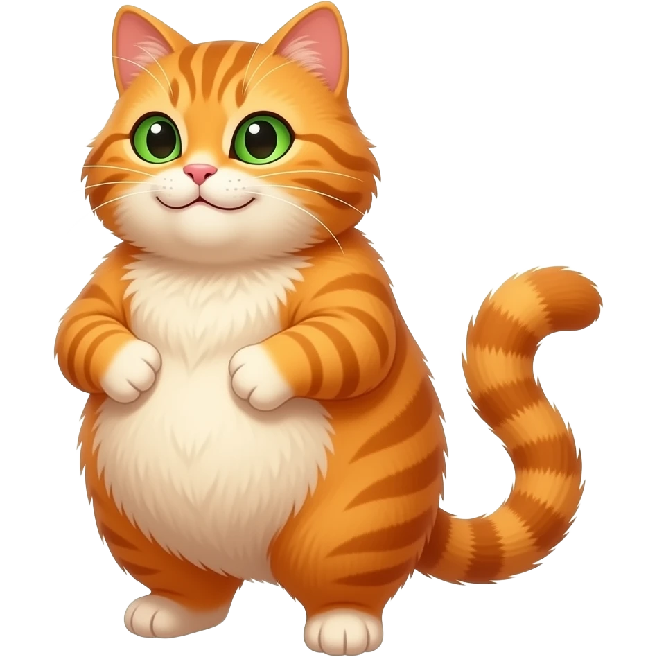 chonky orange cat with green eyes, standing on back legs, belly, closed mouth smiling, devilish eyes, long haired, 3/4 view, staring at the camera, smiling, garfield-like emoji