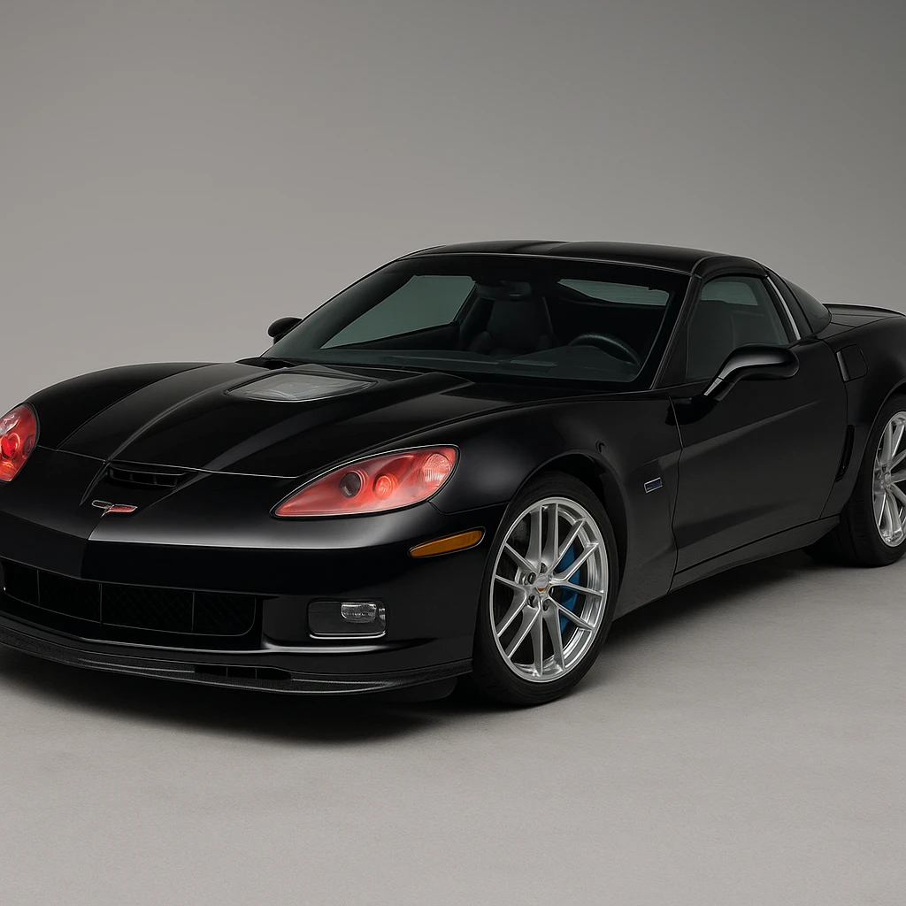 a black 2006 Chevrolet Corvette C6 ZR1 with a red headlight, detailed, sporty, three-quarter view emoji