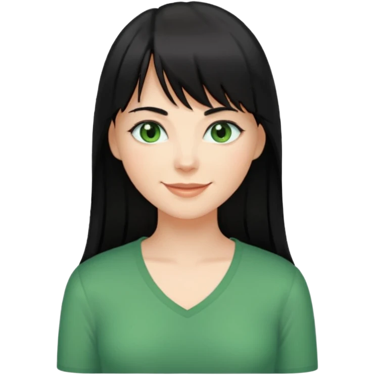 A white woman with Long straight hair with bangs, black hair, green eyes and a low-cut shirt emoji