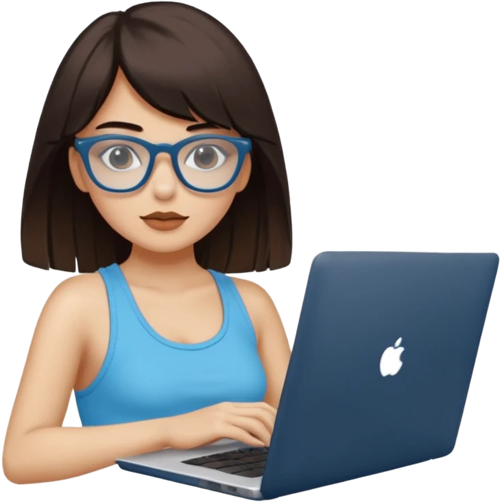 Una chica de color de piel blanca con cabello súper largo con flequillo color marrón y gafas negras con estilo de periodista súper top, también agrega una lapto en sus manos, también que su vestimenta sea un crop top color azul Celeste  emoji