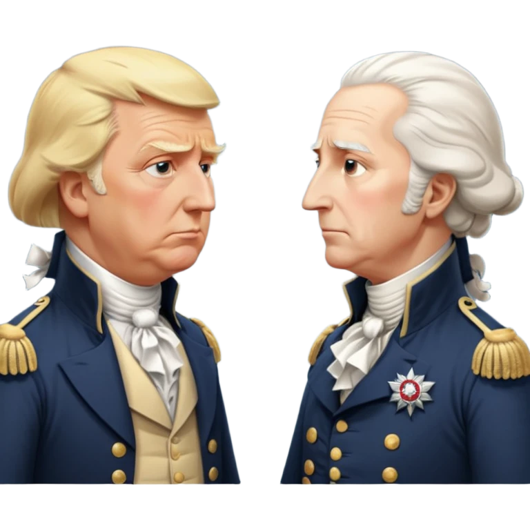 “Donald Trump and George Washington facing each other. Trump in a modern suit, visibly shocked. George Washington in colonial uniform, calm and silent. Realistic style, cinematic lighting.” emoji