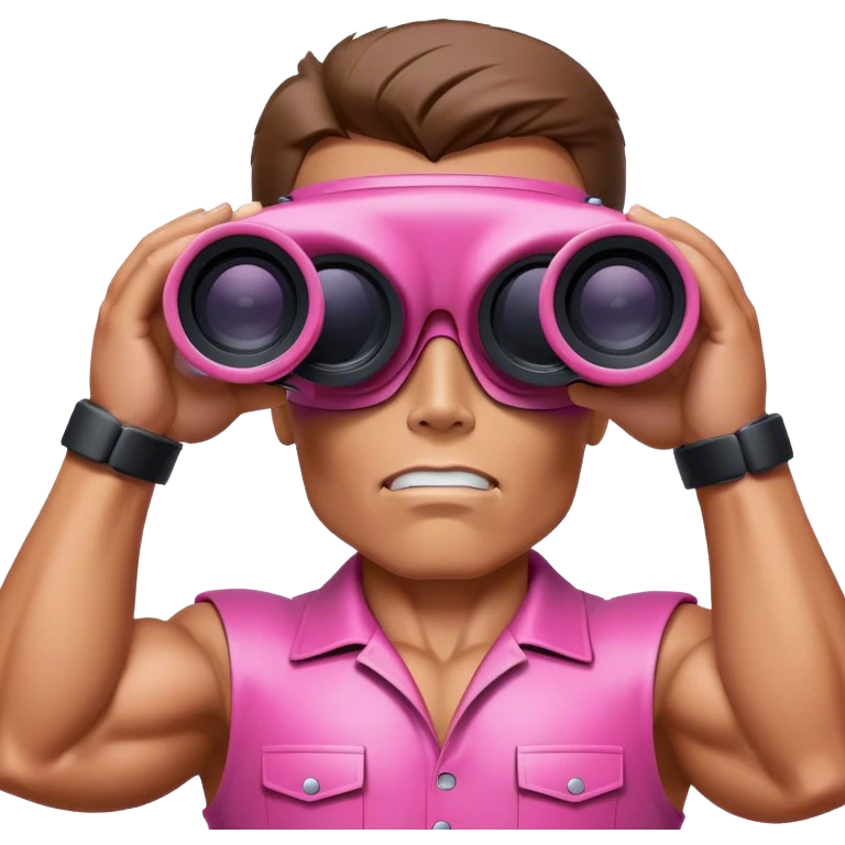 schwarzenegger-looking pink terminator looking through binocular, viewed from an angled perspective emoji