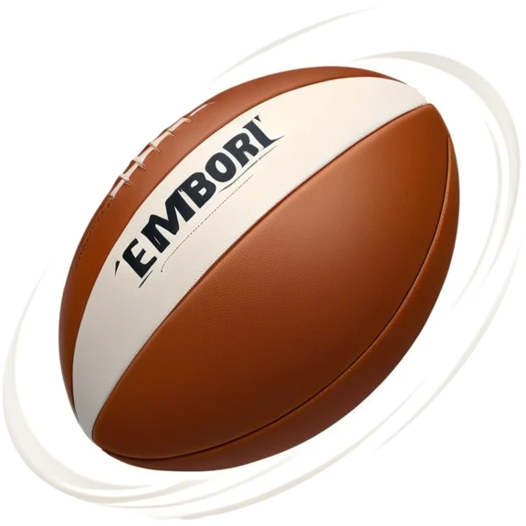 Cinematic Realistic image of a rugby ball in mid-action, with dynamic motion blur and finely rendered leather textures, set against a sunlit, energetic field that underscores its robust athleticism emoji