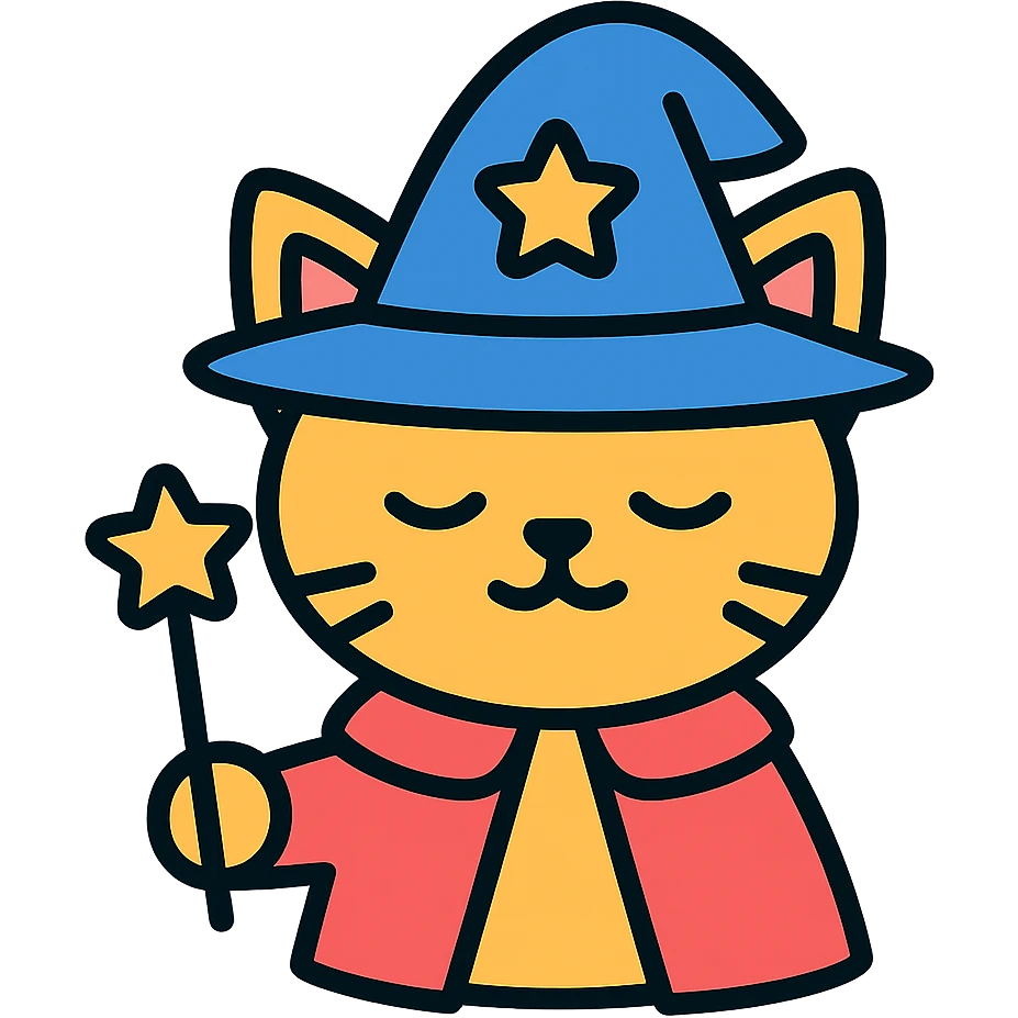 cat magician with a wizard hat and wand, colorful icon emoji