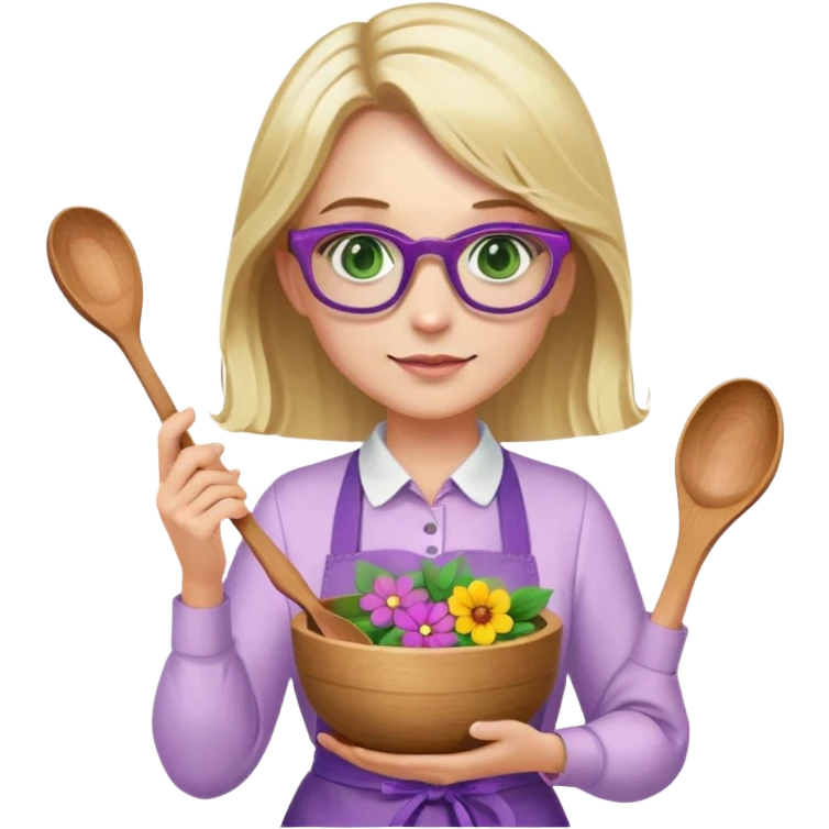 woman with blonde shoulder length hair, purple glasses, green eyes, flower apron, holding bowl and spoon emoji