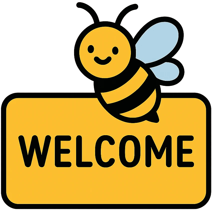 Welcome tag with a cute bee, black and yellow colors, 'WELCOME' text emoji