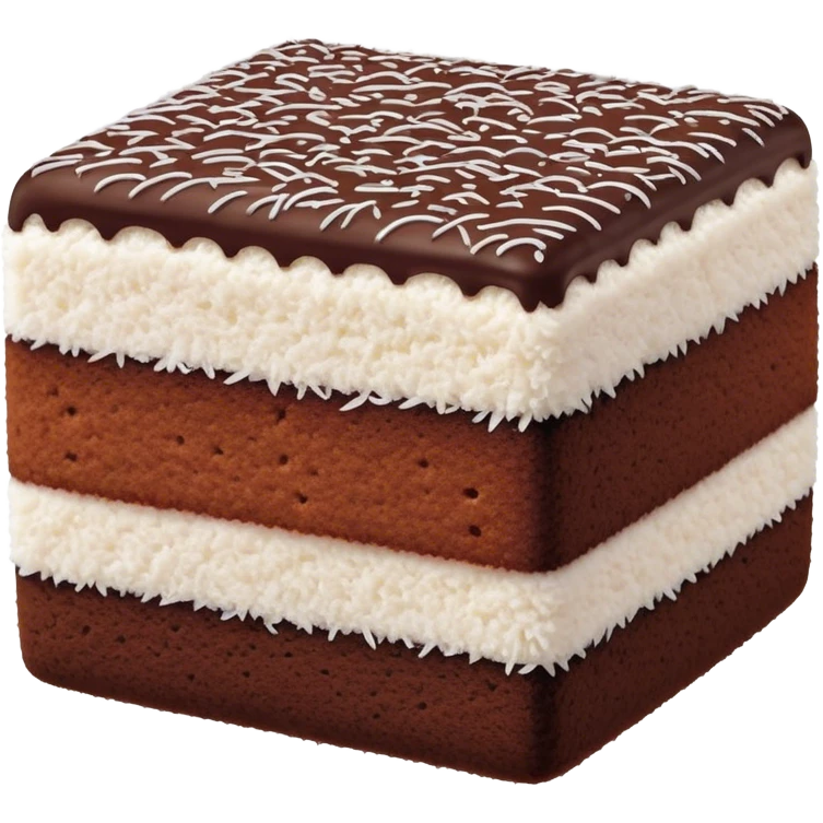 Lamington Cinematic Realistic Lamington Dessert Emoji, depicted as a sponge cake square coated in chocolate and dusted with coconut on all sides, rendered with lifelike textures and vibrant, tropical lighting. emoji