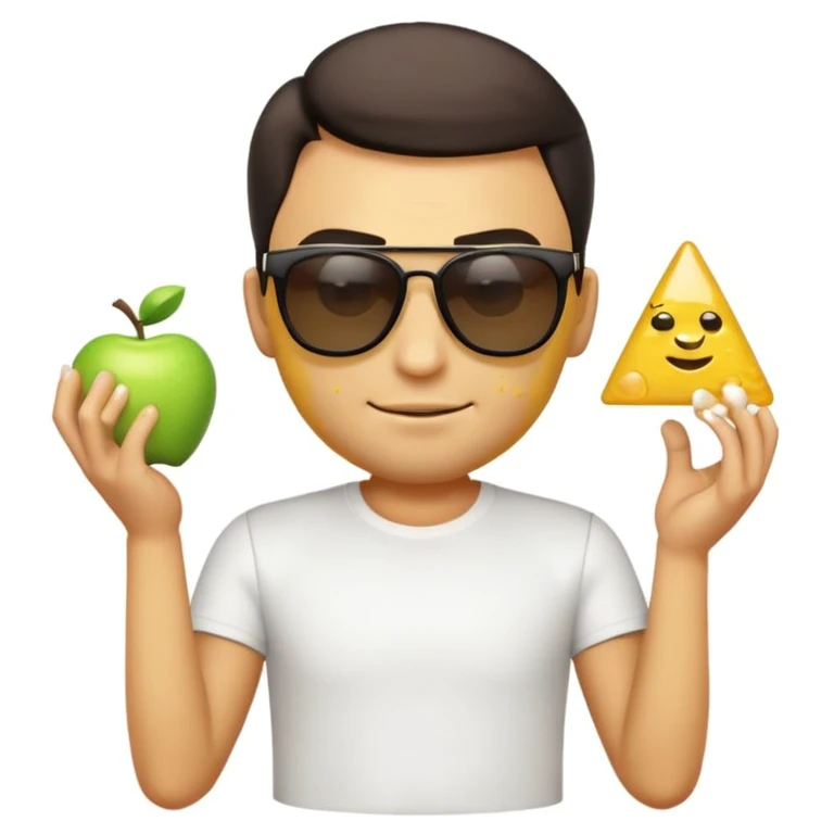 3D apple-style emoji of a stylish man in Salt Bae pose, sunglasses, short-sleeved white t-shirt, black pants, sprinkling salt, yellow emoji skin, triangle eyes, confident smirk, white background, glossy finish emoji