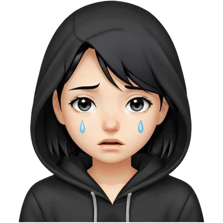 girl with black hair in black hoodie with tears streaming down her face emoji