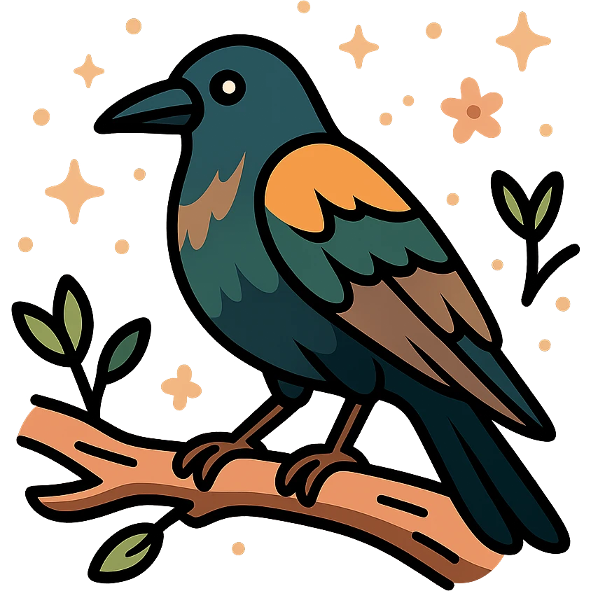 A mysterious crow perched on a branch, surrounded by a soft, magical atmosphere. The crow’s feathers are deep, dark hues with hints of golden orange (FA9B41), forest green (4A7C5C), muted taupe brown (96775A), and pastel peach (FFCC9A) subtly blending into its plumage. The branch is weathered and textured, with small leaves in green and peach tones, and delicate flowers or tiny sparks floating around. The lighting is soft and ambient, casting a warm, mystical glow over the scene, creating a quiet yet enchanting atmosphere. The crow’s sharp eyes and poised posture add to the mysterious, slightly gothic vibe of the moment. emoji