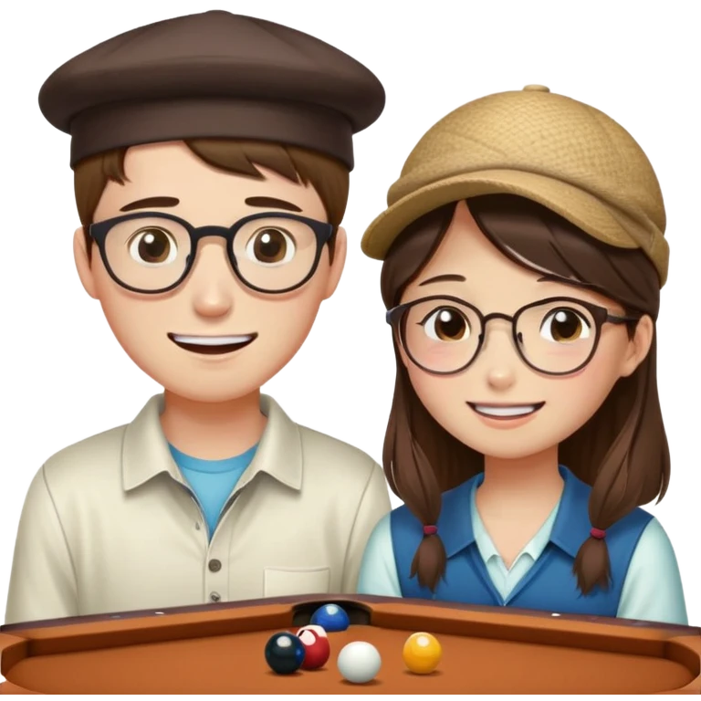 Chinese Girl without glasses and young white man with a hat and glasses brown hair playing table pool, the white man is crying because he lost but the Chinese girl is smiling  emoji