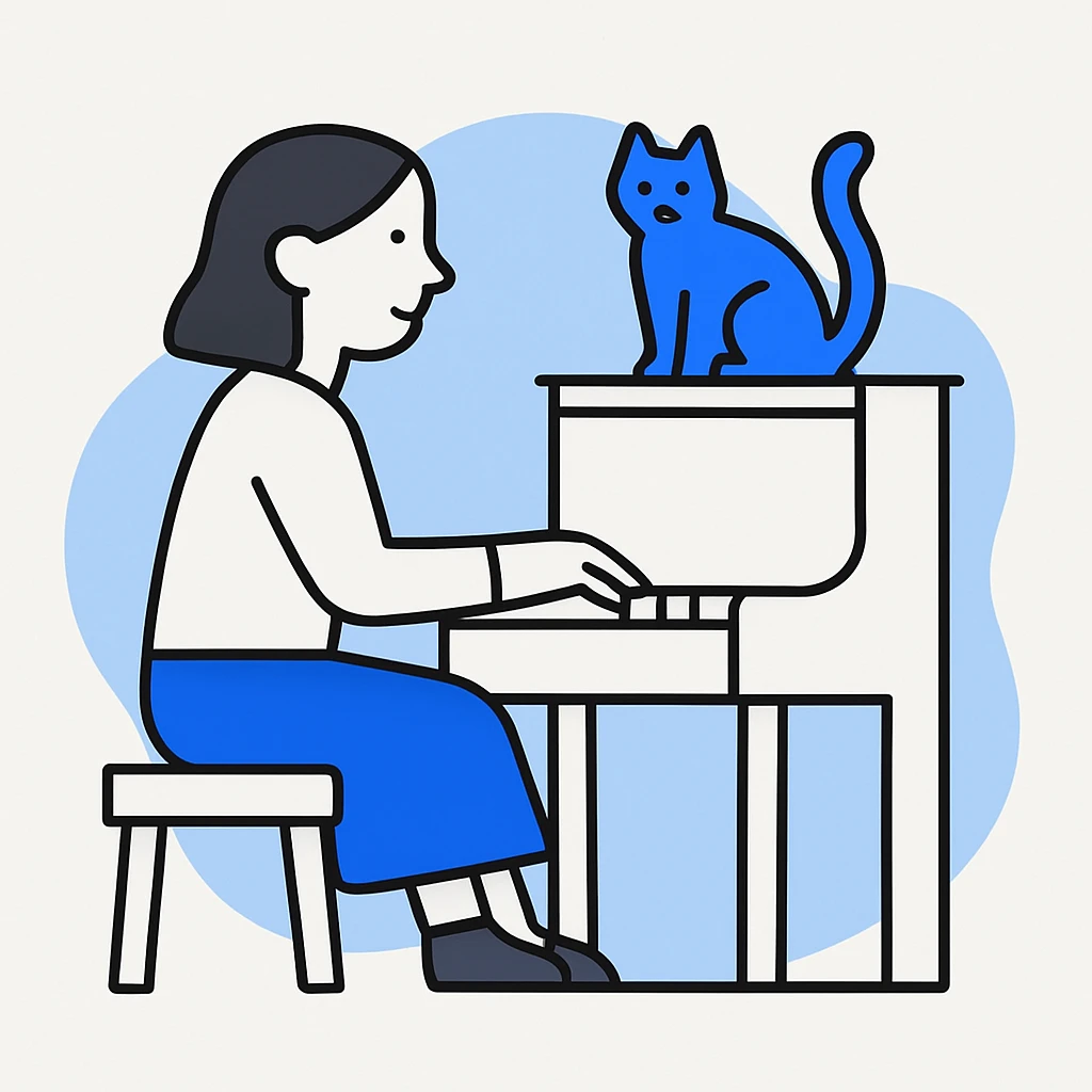 woman playing piano while her cat sits on top of the piano emoji