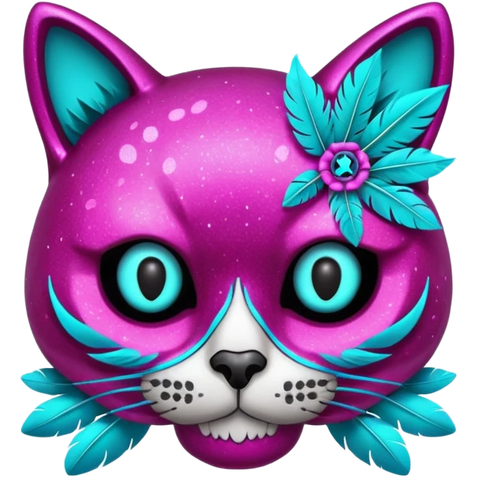 Glittery magenta hollow-eyed cat-skull with cyan feathers emoji