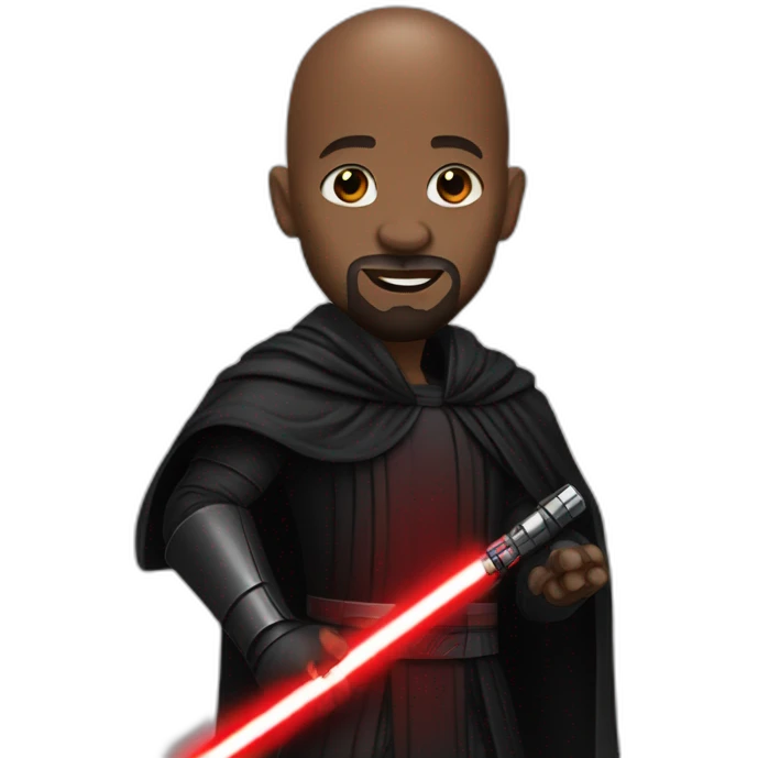 Black men bald with beard as a Sith lord, with red lightsaber in his hand emoji