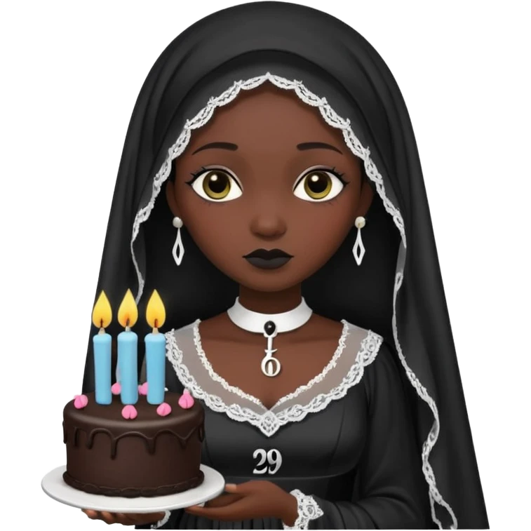 Emoji-style illustration of a cute sarcastic woman, black mourning dress and veil, holding a birthday cake with number 29 candles, ironic expression, RIP 20s theme, flat design, bold outlines, pastel gothic colors, high resolution, clean background, perfect for profile picture emoji
