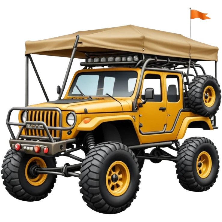 Well-equipped Off road Race truck whose frame and detailed suspension is made of shopping cart material with padded roll cage, huge roof rack, winch, and antique style handmade bodywork (survivalist style) emoji