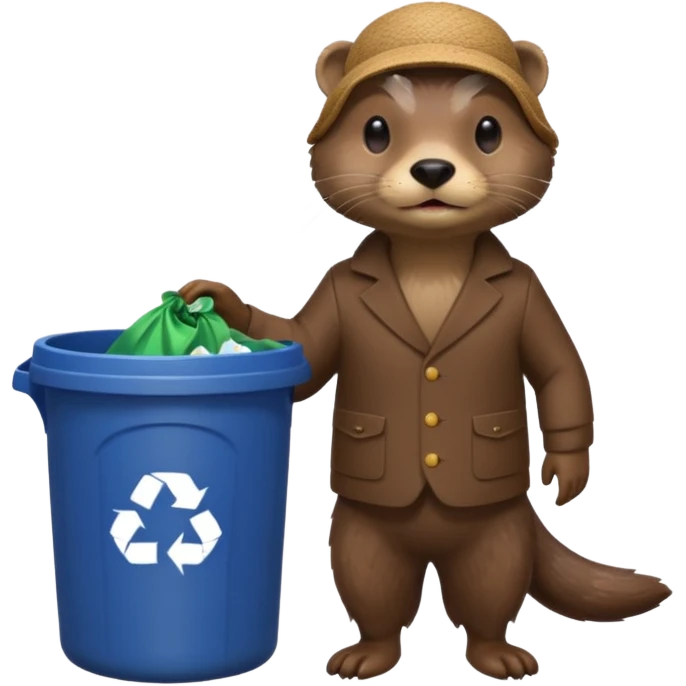 an otter dressed as a man picking up trash bins emoji