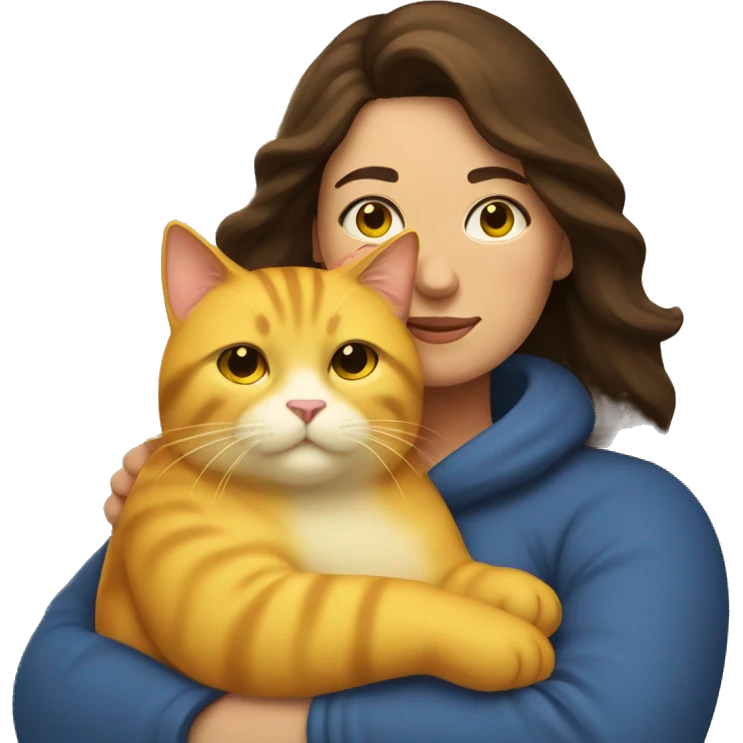 Brunette woman snuggling yellow fat cat emoji