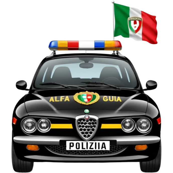 crea auto di servzio alfa romeo giulia colore nero con la scritta sul lato polizia penitenziaria e la un leopardo e la bandiera italiana emoji