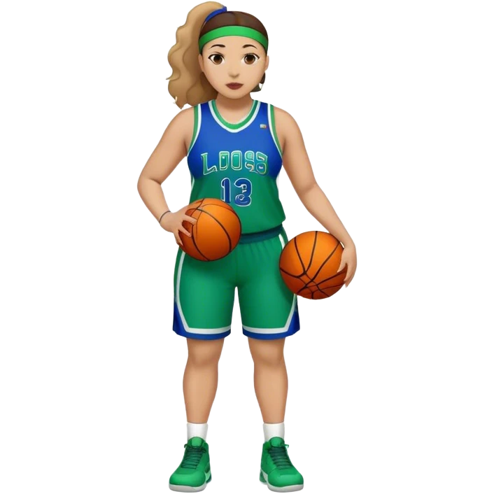 Full Body light skin Latino plus size women basketball player wearing blue and green uniform emoji