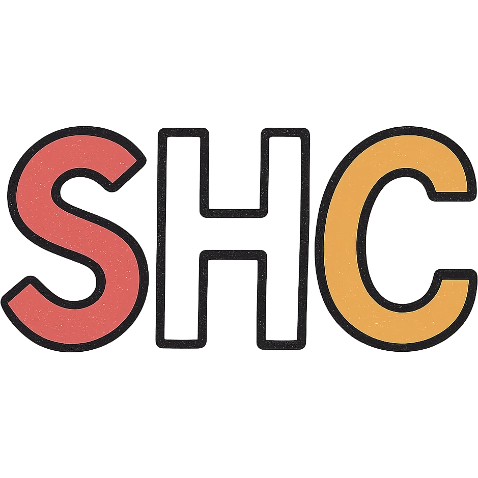 Edit the image to have the letter H in 'SHC' as pure white, the letter S in red, and the letter C in orange. Use a simple sans-serif font style. Keep the background transparent. emoji