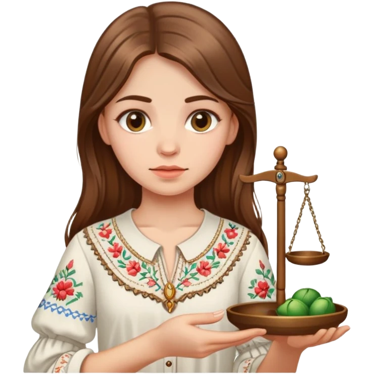 A Ukrainian girl with brown hair in an embroidered shirt holds the scales of truth in her hand emoji