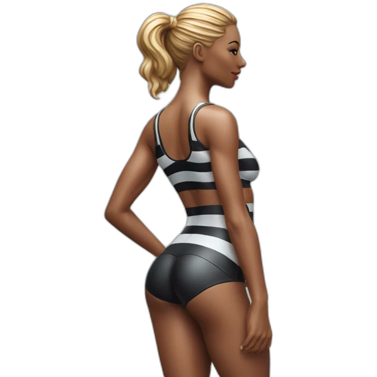Hyper-realistic figurine showing tall sultry fitness model in striped body paint from behind emoji