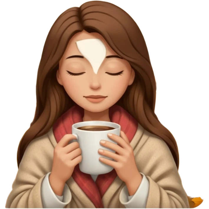 long brown hair woman closed eyes hiding under a cozy wool beige blanket, holding cup of coffee, autumn mood emoji