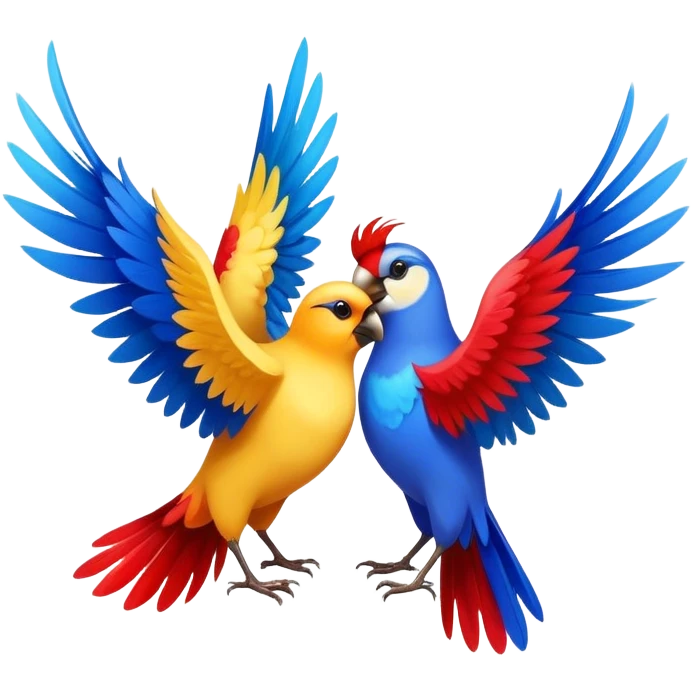 Three colorful birds flying together in the sky, each with vibrant feathers, wings spread wide, moving in harmony and creating a lively, joyful scene emoji