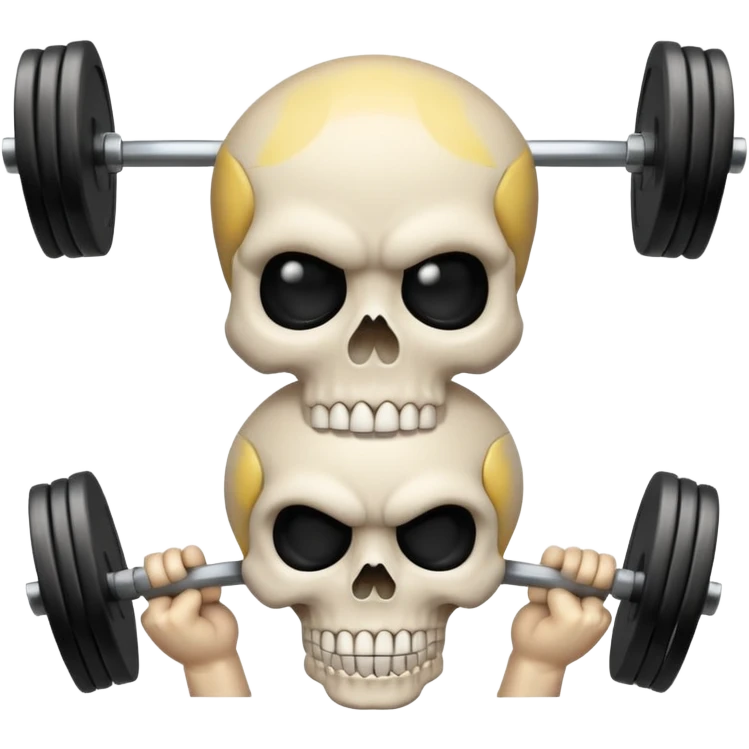 cartoon-style emoji of a white skull with black eye sockets, holding a heavy barbell with large weights across its shoulders, confident and intense expression, clean lines, bold colors, simple or transparent background, stylized like an emoji emoji