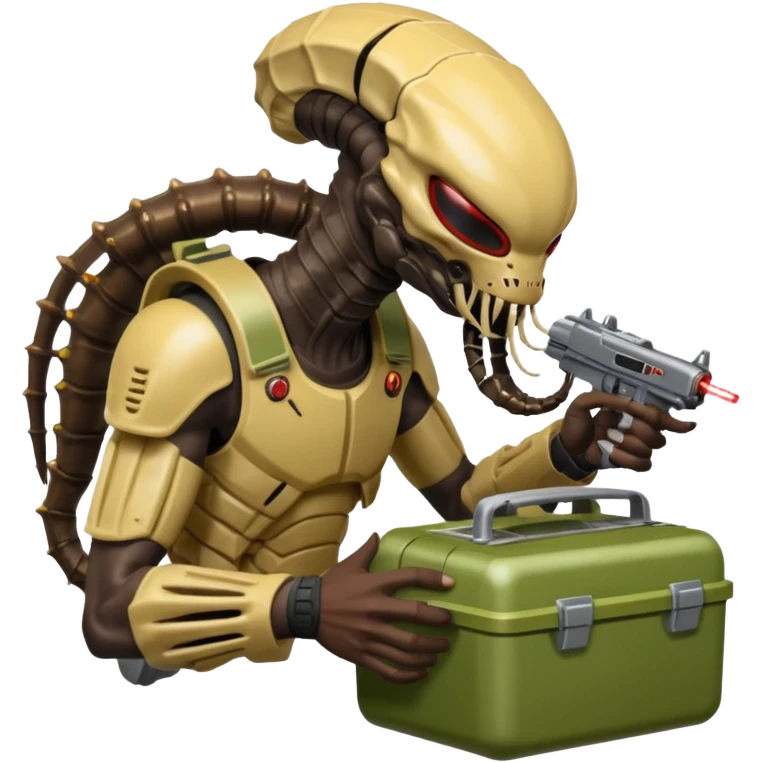 The Predator, as in the 1987 movie, with full armor, laser gun and mask eating an Alien facehugger from a lunchbox, the setting should be dark and sci-fi. emoji