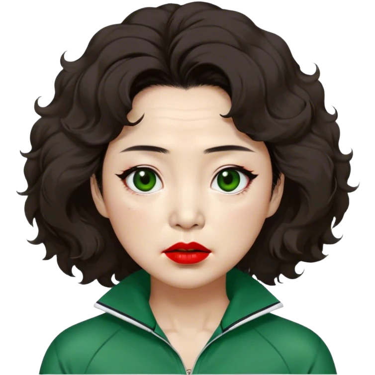 Han Mi-nyeo: Age Late 60s
A woman with many wrinkles face, frizzy, very messy dark brown hair and dramatic red lipstick.
Outfit: Green player tracksuit emoji