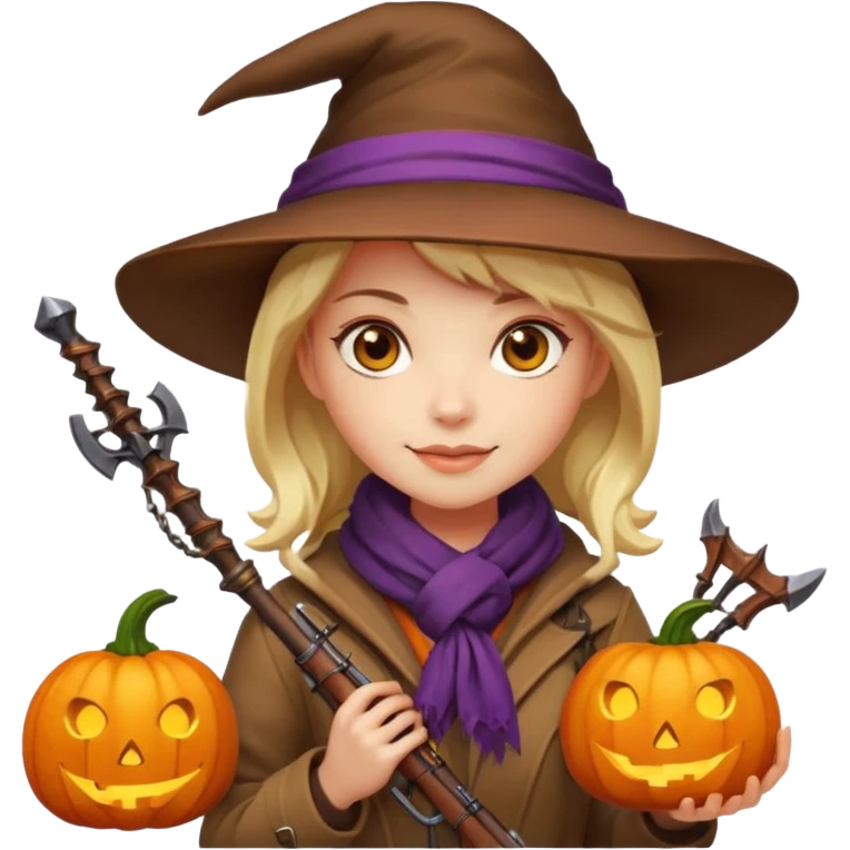 female human monster hunter emoji, wearing brown coat and hat, holding crossbow, soft smile, scarf, glowing pumpkin by her side, Halloween fantasy style, clean vector Apple emoji look, bright colors, white background, square emoji