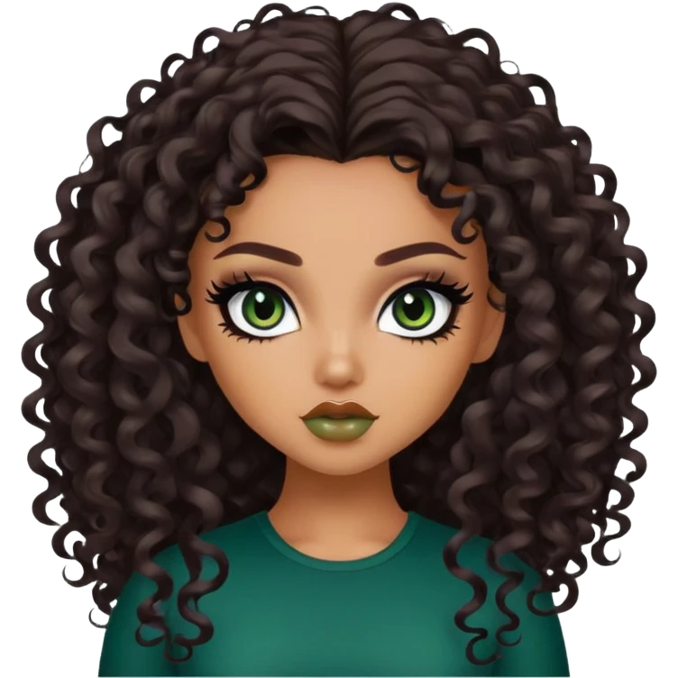curly long dark brown hair, tan skin,  dark green iris, pretty bratz baddie, black eyeliner emoji