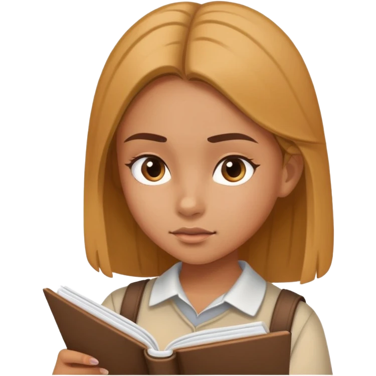 Young girl reading a notebook, focused expression, studying emoji