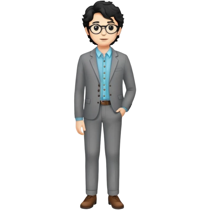 Young caucasian man with black wavy hair, round glasses, wearing semi-formal attire for theater - button-up shirt, blazer, nice pants emoji