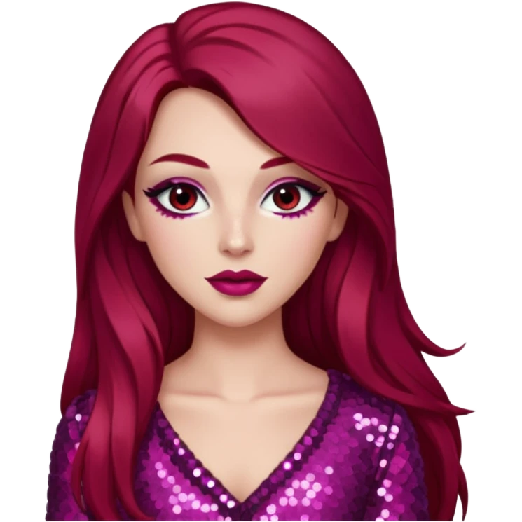 Chappell Roan (b.1998) with long dark red hair, dark pink sequin outfit, makeup emoji