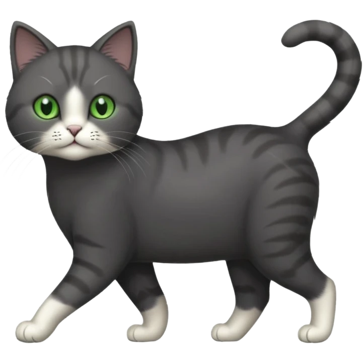 full body solid dark grey cat with green eyes, white paws and white whiskers walking emoji
